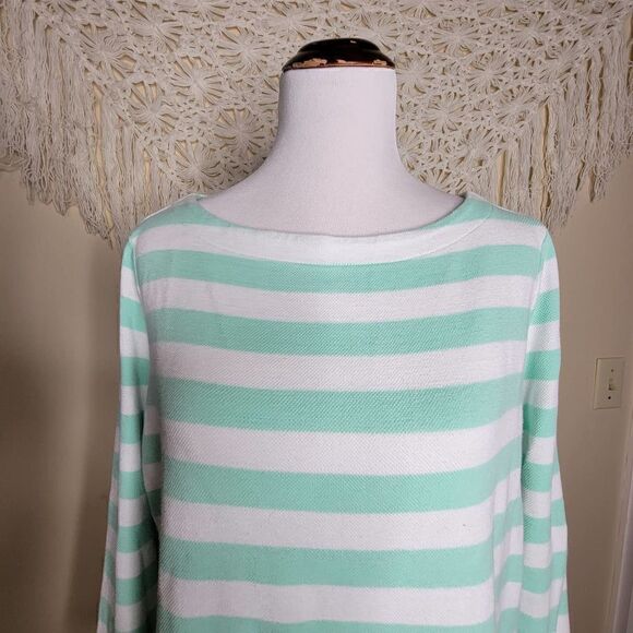 Crown & Ivy Stripe Fringe Hem Cotton Knit Top Navy Mint Size Medium - Picture 6 of 10